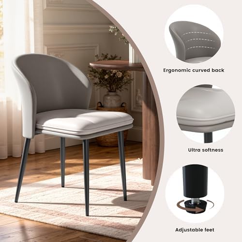 Modern Dining Chairs Set of 4, Faux Leather Upholstered Accent Chair with Metal Legs, Kitchen Side Chair with Comfortable Seat for Dining Room, Living Room, Bedroom, Light Grey
