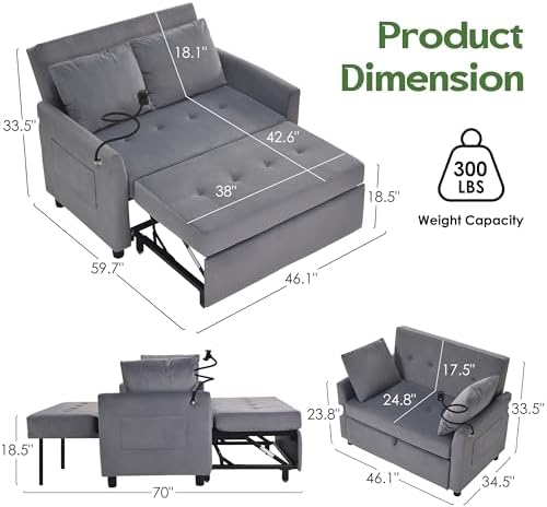 3 in 1 Convertible Pull Out Sleeper Couch Sofa Bed, Grey | Small Sleeper Sofa with Pillow, Adjustable Backrest Futon loveseat, Velvet Love Seat and Phone Holder for Living Room