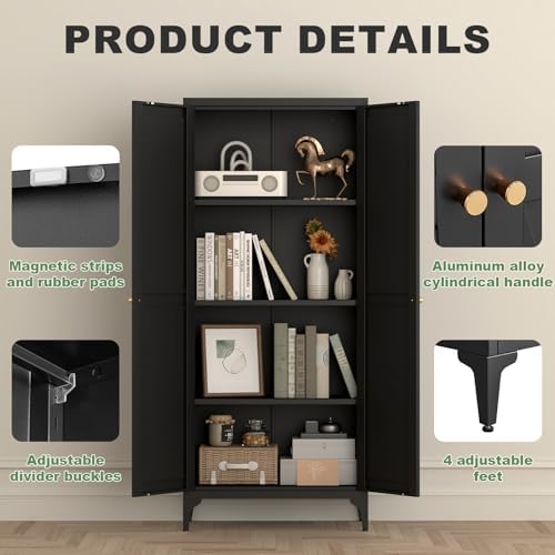 65"H Kitchen Pantry Storage Cabinets with 2 Doors and 3 Adjustable Shelves, Tall Metal Storage Cabinet with Adjustable Feet, White Cupboard for Kitchen, Dining Room, Living Room and Bathroom