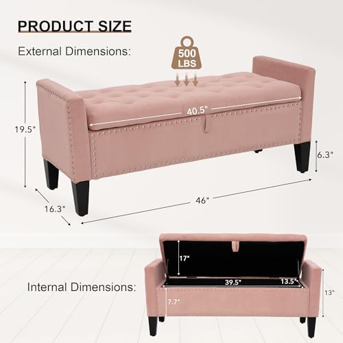 Velvet Ottoman with Storage, 46'' Upholstered Button Tufted End of Bed Bench with Arms, Modern Storage Bench for Living Room, Bedroom, Entryway, Pink