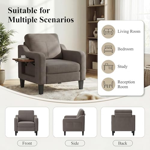 Accent Chairs Set of 2 for Living Room, Mid-Century Upholstered Armchair with Foldable Table & 2 Side Pockets, Modern Linen Wooden Sofa Chair for Bedroom & Reading Room, Brown