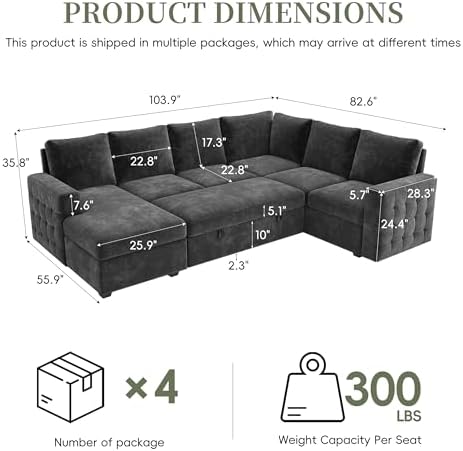 104" Sectional Sleeper Sofa Bed, 7 Seat Pull Out Couch with Storage, Gray | U Shaped Sectional Couches for Living Room, Apartment and Guest Room, Chenille Upholstered Sectional Couch