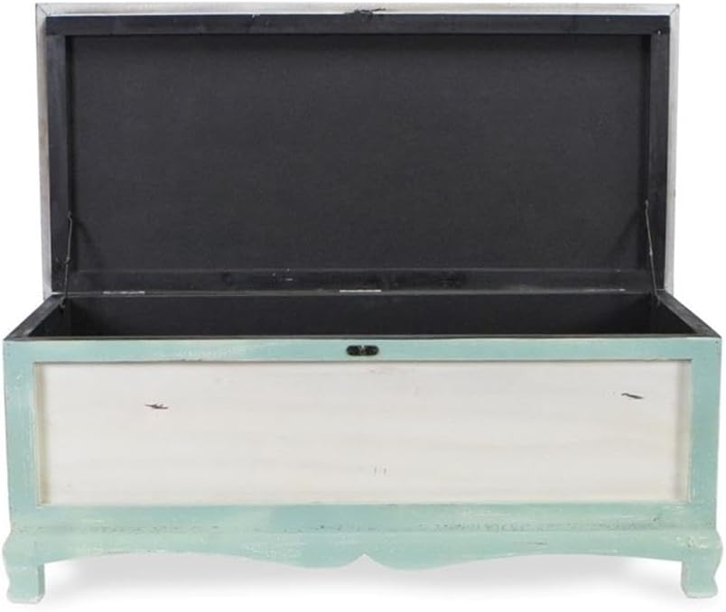 Pemberly Row Shabby-Chic Wood Bench Chest, Seafoam Green & Off White Finish, Cushioned Seat with Hinged Lift-Up Storage, Handcrafted Bedroom or Entryway Seating Organizer, Fully Assembled