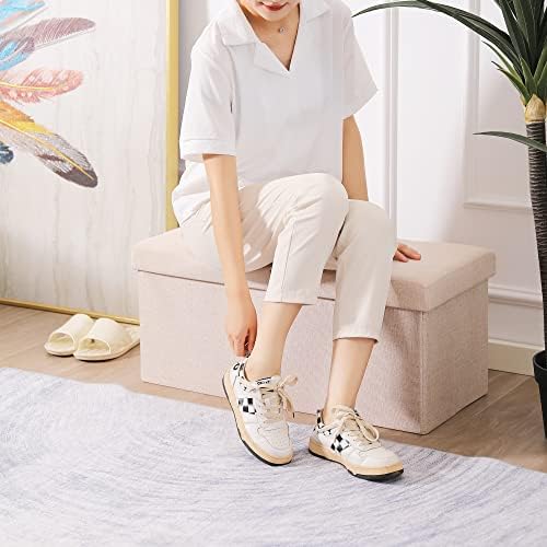 Storage Ottoman Bench Foldable Footrest Foot Stool, 30" Fabric Cream | Small Ottoman Foot Rest Seat Shoe Bench Flip-Top forliving Room End of Bed Bedroom Couch Dorm, 80L Folding Upholstered Chair