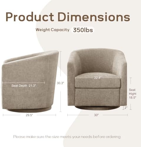 Zihanhome Chenille Swivel Accent Chair Set of 2, Modern Barrel Chairs with 360° Swivel Base, Upholstered Living Room Chairs, No Assembly Armchairs for Bedroom, Reading Nook, Apartment (2, Khaki)