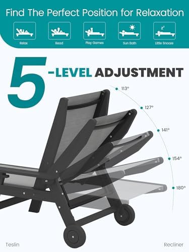 SERWALL Textilene Patio Chaise Lounge Chair Set of 2, HDPE Outdoor Lounger | with Rolling Wheels for Pool, Deck, Black