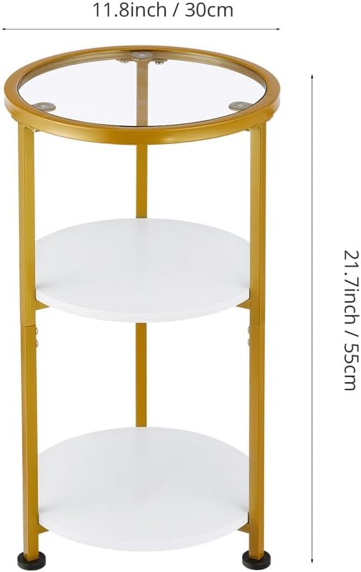 Glass Side Table, Tempered Glass Small Round Side Table with 3-Tier Storage Shelves for Small Spaces, Modern Glass Round End Table for Living Room, Bedside Nightstand for Bedroom (White+Gold)