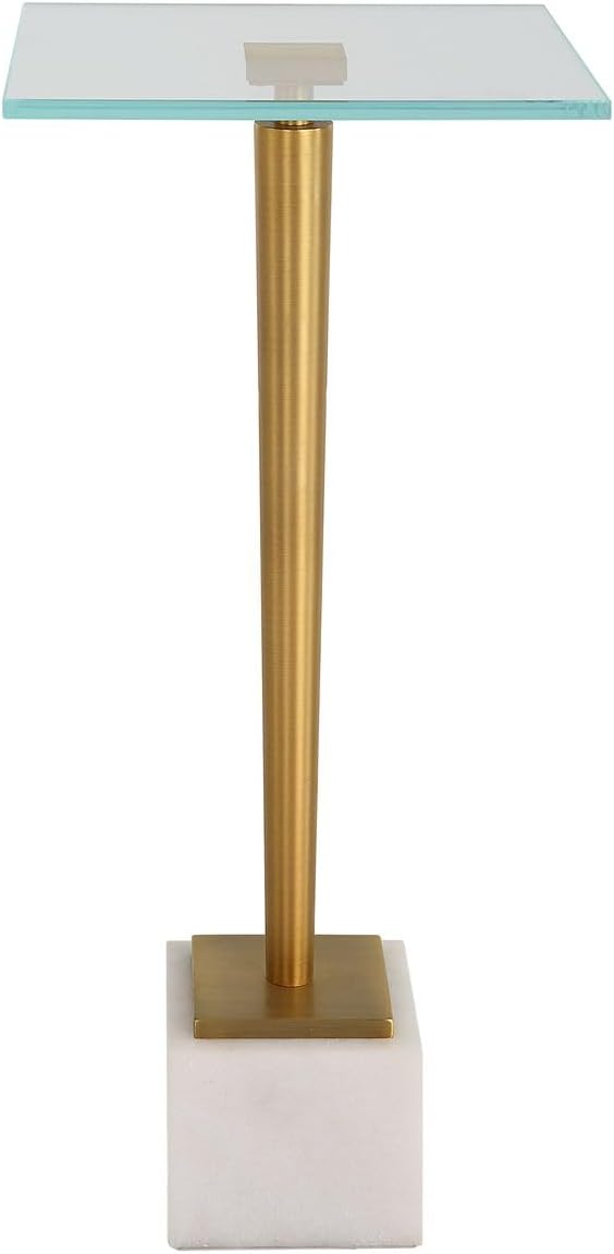 Miri Accent Table | Brass Plated and Tempered Glass Top with White Marble Base (11 in. W x 25 in. H)