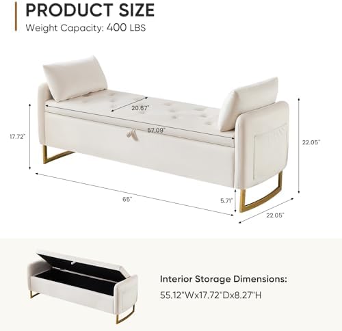Storage Bench for Bedroom, 65 Inch End of Bed Storage Bench Beige | Velvet Storage Ottoman Bench, Tufted Upholstered and Gold Legs, Bedroom Bench with Storage, Arms, 2 Pillows, for Window