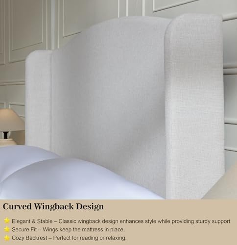 Upholstered Platform Wingback Bed Frame with 54" High Headboard, Solid Walnut Wood Feet, Sturdy Metal & Wood Slats (Chenille, Ivory White-R7902, Queen (U.S. Standard))