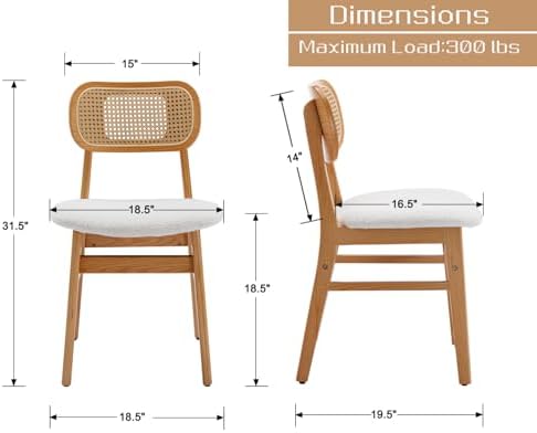 Shunzhi Rattan Dining Chairs Set of 4, Upholstered Farmhouse Dining Room Chairs with Back, Mid Century Modern Kitchen Chairs, Wooden Boho Side Chair for Restaurant, White Sherpa