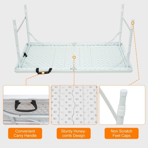 Folding Table 4FT, Heavy Duty Portable Plastic Folding Table with Handle, Anti-Slip Feet, Waterproof, Easy to Clean, Adjustable Height, 300LBS Capacity, Foldable for Indoor Outdoor Use(White)