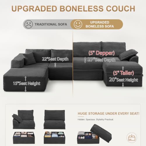 Upgraded Couch with Storage, Sectional Couches for Living Room, L-Shaped Modular Cloud Corduroy Sofa with Ottoman & Pillows, Oversized Deep Seat Memory Foam Couch, No Assembly(Gray, 107" L)