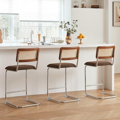 GrandNoor Natural Rattan Counter Height Stools Set of 3 with Solid Wood Back, 29 Inch Mid Century Modern Cesca Bar Stools, Brown Upholstery Boho Stool for Kitchen Counter with Chrome Metal Legs
