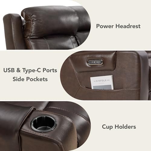 Watson & Whitely Genuine Leather Lay Flat Power Reclining Sofa, Brown | 3-Seater Recliner Couch, Power Headrests, Cup Holders, USB & Type-C Charging Ports, Electric Reclining, Living Room