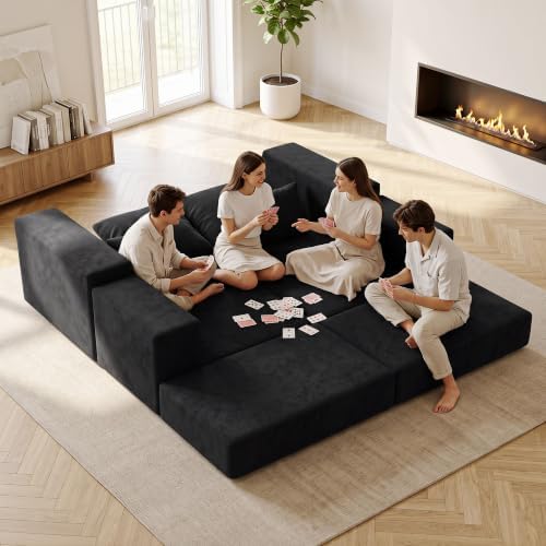 Cloud Modular Sectional Sofa, Comfy Couch for Living Room, Modern L-Shaped Couch with Reversible Chaise, Customizable Sleeper Sofa with Non Slip, No Assembly & Deep Seat, Black