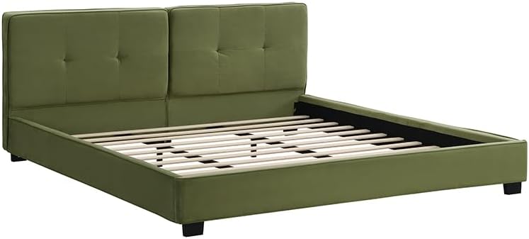 Christopher Knight Home Cordo King Size Bed, Velvet Upholstered Platform Bed, Wooden Slats Panel Support, Tufted Square Corners Haedboard, No Box Spring Needed, Easy Assembly, Oliver Green