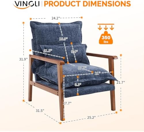 VINGLI Mid-Century Modern Cloud Accent Armchairs set of 2 with Lumbar Pillow, 6.3'' Thick Seat Cushion Reading Chairs with Wooden Armrests, Boho Lounge Chair for Bedroom,Living Room,Chenille,Gray Blue