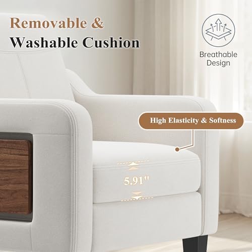 Accent Chairs Set of 2 for Living Room, Mid-Century Upholstered Armchair with Foldable Table & 2 Side Pockets, Modern Linen Wooden Sofa Chair for Bedroom & Reading Room, Beige