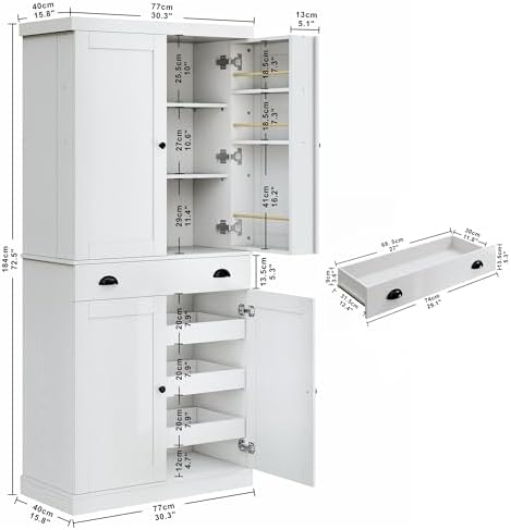 IRONCK 72" Kitchen Pantry Cabinet with Drawer and Sliding Racks, White | White wood pantry cabinet. 6 door shelves. 3 sliding racks. For kitchen, dining room, or hallway.
