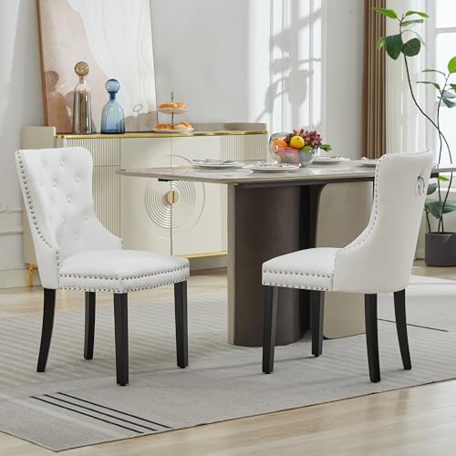 PU Leather Dining Chairs Set of 4, Upholstered Dining Room Chairs with Solid Wood Legs & Back Ring Pull Trim Ring, Modern Dining Chairs Perfect for Dining Room,Living Room,Kitchen, White