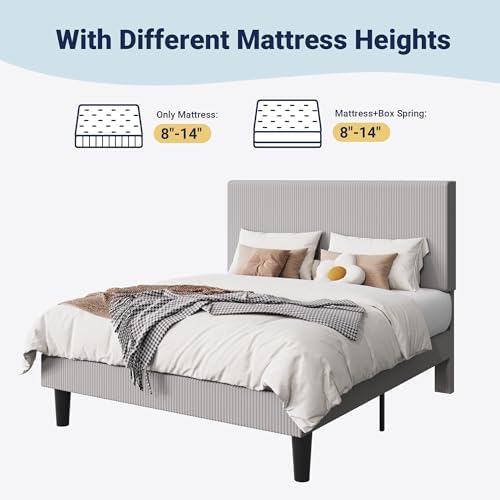 Allewie Full Bed Frame, Corduroy Tufted Headboard, Light Grey