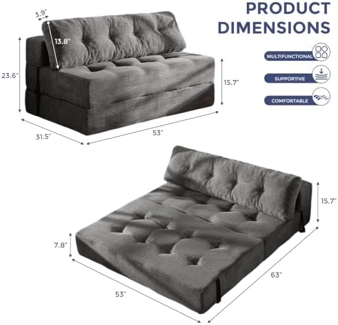 MAXYOYO Folding Sofa Bed, Convertible Chair Bed with Pillow | Portable 4 in 1 Fold Out Chair to Floor Bed, Versatile Floor Sofa Couch for Living Room Bedroom, Dark Grey, Double