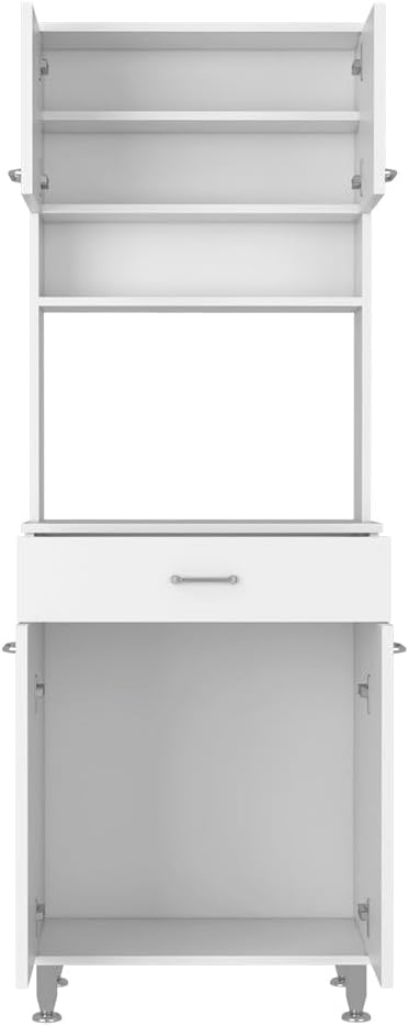 Pantry Cabinet 67" H,Four Doors,One Drawer,Three Internal Shelves,2 External Storage Shelves,Microwave Storage Option,Four Legs,White