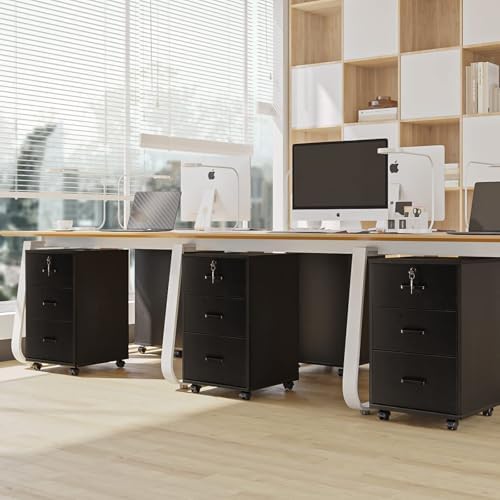 TUKAILAi Mobile File Cabinet with 3 Drawers, Lockable Storage Unit Wooden Rolling Office Filing Cabinet with Wheels, for Legal/Letter/A4 Sized Documents Home Office (Black 2PCS)