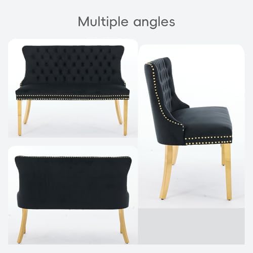 Velvet Double Dining Loveseat Bench with Wing Back, Tufted Upholstered 2-Seat Design,Golden Stainless Steel Legs, Modern Mid-Century Accent Seating for Dining Room, Kitchen, or Entryway (Black)