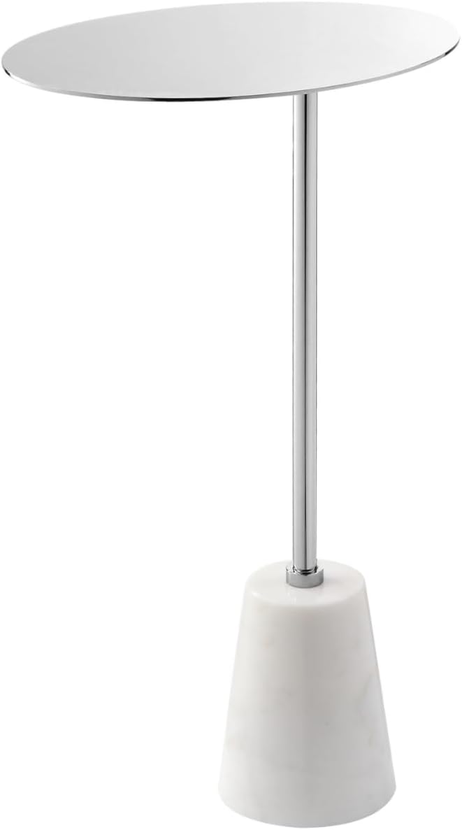 Benjara Frank 12" Drink Side End Table- Chrome Top- White Marble Solid Base