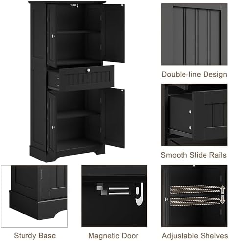 ChooChoo 51" H Bathroom Floor Cabinet with Drawers and Adjustable Shelves | Bathroom Storage Cabinet, Freestanding Kitchen Pantry Cupboard with 4 Doors for Living Room, Black