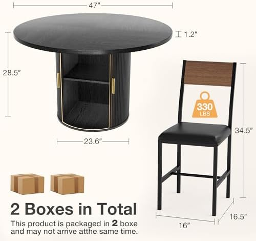 Pamapic Dining Table Set for 6, 47" Round Dining Table with Chairs, Storage Shelf, Space-Saving Tambour Design, Gold Handles, Wood Grain, Kitchen Table and Chairs for Dining Room & Living Room, Black