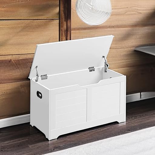 VASAGLE Storage Chest, 31.5 Inches Width Bench with 2 Safety Hinges | Farmhouse Style, for Entryway, Bedroom, Living Room, Cloud White, SOFIE Collection ULSB063T14