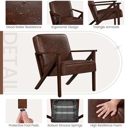 Yaheetech Mid-Century Modern Accent Chair, Lounge Chair, Dark Brown | Faux Leather Chair with Flat Arms, Engineered Wood Frame Armchair, for Living Room/Office/Reading/Reception Area