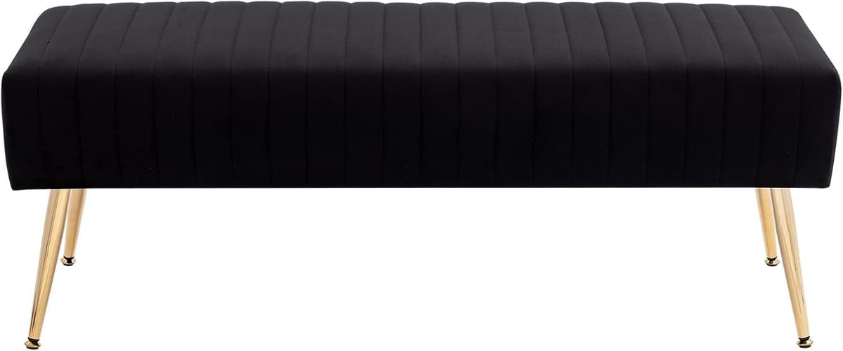 Furniliving 44 Inch Bedroom Bench, Upholstered Tufted Striped Fabric Ottoman Benches with X-Shaped Metal Legs for Living Room, Entryway Solid Wood Indoor Bench for Foyer (Black)