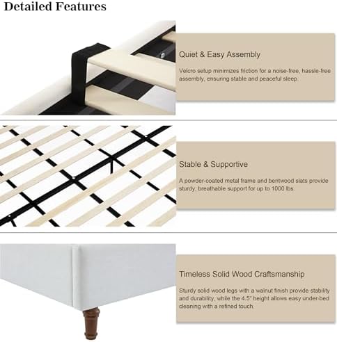 Upholstered Platform Wingback Bed Frame with 54" High Headboard, Solid Walnut Wood Feet, Sturdy Metal & Wood Slats (Chenille, Ivory White-R7902, Queen (U.S. Standard))