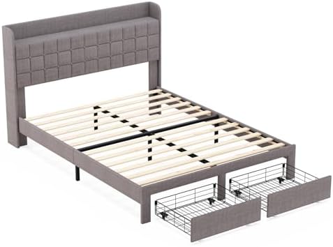 OLIXIS Queen Size Bed Frame, Upholstered Platform Bed Frame with Headboard