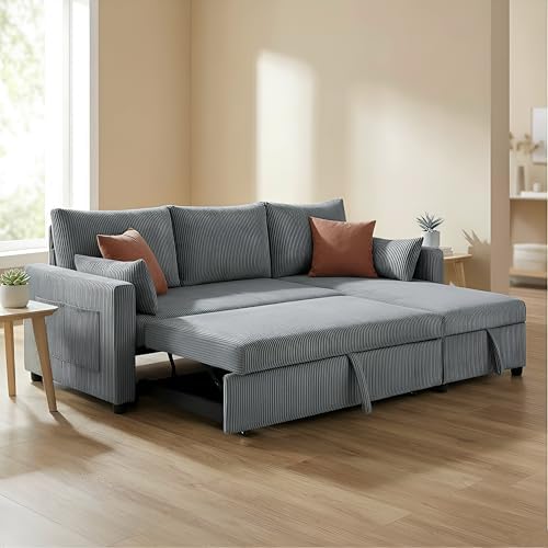 Ball & Cast 86" Sectional Sleeper Sofa Bed Pull Out Couches for Living Room | L Shaped Convertible Pull Out Sofa Bed with Reversible Storage Chaise and Side Pocket, 3-Seat Sofa for Small Space Apartment