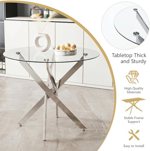 5 Piece Glass Dining Table Set for 4, Modern Tempered Glass Top Kitchen Table and Chairs Set, 4 Upholstered Chairs and Faux Leather Cushions, Space-Saving Small Apartment Dining Kitchen Set