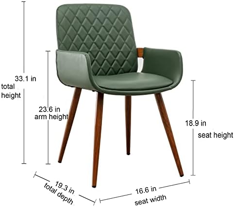 LUNLING Mid Century Modern Faux Leather Dining Chairs Set of 2, Green, Upholstered Seat, Metal Legs, Adjustable Foot for Kitchen Dining Room Desk Chairs