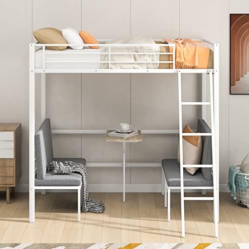 Twin Size Metal Loft Bed with Built-in Wooden Table and Upholstery Chairs Set for Kids Teens, Full Length Guardrails Inclined Ladder, Bedroom, Dorm, Space Saving (White-with Built-in Table)