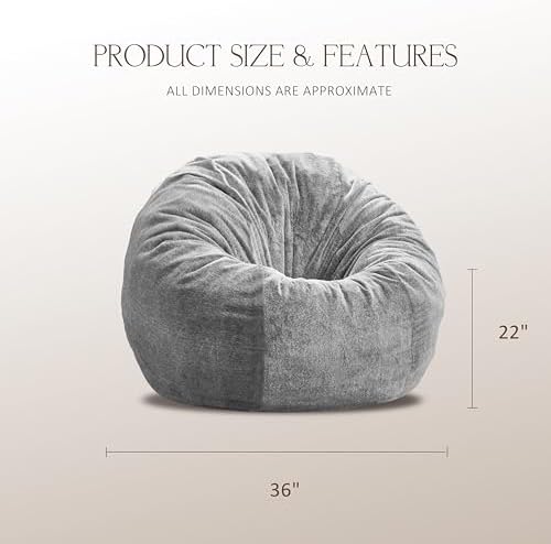 ZurNesfure Bean Bag Chair for Adults,3FT Giant Bean Bag Chair Grey,Medium | Fluffy Bean Bag Chairs with Filler & Machine Washable Cover, Handle, Side Pocket Oversized Beanbag for Living Room, Bedroom
