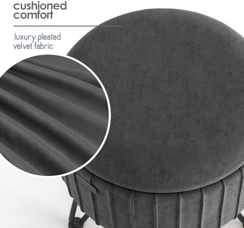 Round Ottoman with Storage, Pleated Velvet Storage Ottoman, Foot Stool Ottomans, Makeup Vanity Stool, Small Ottomans Foot Rest, Modern Vanity Stools for Living Room and Bedroom, Grey