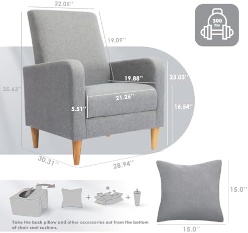 COLAMY Mid-Century Modern Upholstered Accent Chair with Back Pillow & Solid Wood Legs, Fabric Cozy Armchair for Living Room, Bedroom, Reading Nook, Apartment & Small Spaces, Lightgrey