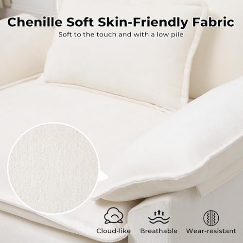 Modern Oversized Accent Chair,44" Chenille Upholstered Armchair with Deep Seat,Comfy Accent Chair Reading Chairs Cloud Sofa Chair for Living Room Bedroom Apartment White