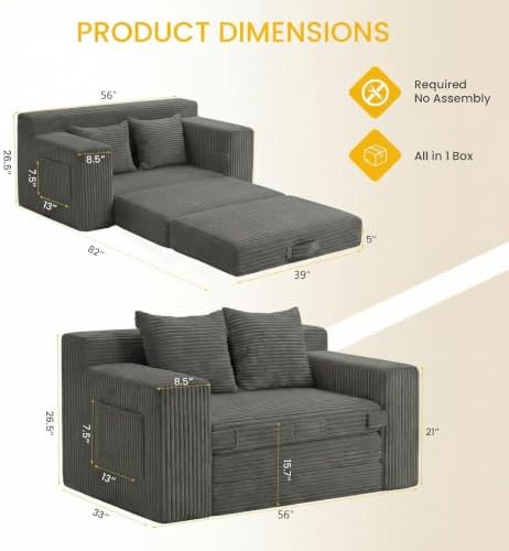 Couch, Loveseat Sleeper Sofa Bed – 3-in-1 Convertible Couch Bed with Side Pockets & Handle,Pull Out Corduroy Futon for Small Space,Living Room & Bedroom,2 Pillows Included,No Assembly