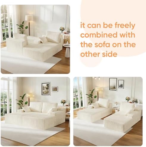 67" Sofa Bed, Chaise Lounge Chair, Plush Corduroy Upholstered Sofa Couch Bed with Pillows, Lazy Chair for Living Room Bedroom Guest Room (White, Right Facing Chaise)