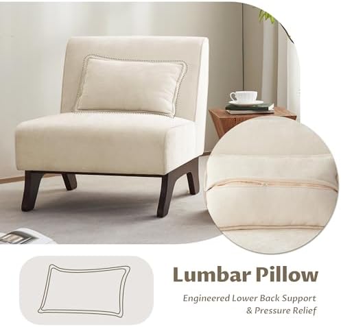 Armless Accent Chair Comfy Upholstered Modern Living Room Side Chair | Comfy Small Accent Lounge Chair with Pillow & Wooden Legs Accent Chair for Living Room Bedroom Farmhouse Reading Beige