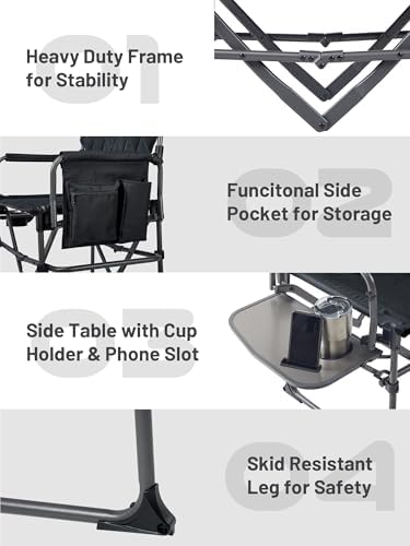 TIMBER RIDGE 400lbs Heavy Duty Camping Chair Portable Directors Chair | Folding Camp Chair with Side Table & Pocket Compact Size for Outdoor, Lawn, Sports and Fishing, Black